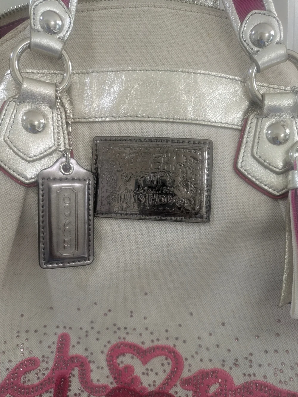 Coach Poppy white Canvas Graffiti Glam Tote With Bling - Picture 2 of 7